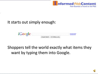 It starts out simply enough:Shoppers tell the world exactly what items they want by typing them into Google.   