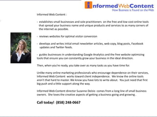What to talk/write about in the “creative?”Solutions to your customers’ problemsResources customers can use (agencies, websites, tools)Industry news Your perception of an industry leader’s commentsYour reaction to an event in your industryFunny or useful customer experience you can share