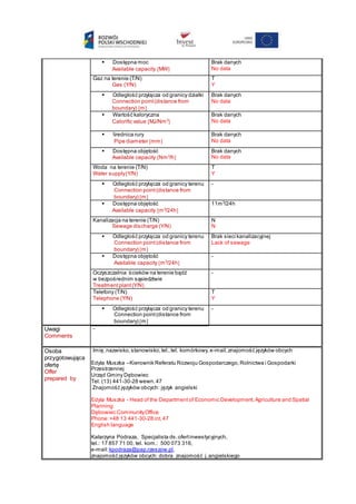  Dostępna moc
Available capacity MW
Brak danych
No data
Gaz na terenie (T/N)
Gas (Y/N)
T
Y
 Odległość przyłącza od granicy działki
Connection point(distance from
boundary) m
Brak danych
No data
 Wartość kaloryczna
Calorific value MJ/Nm3

Brak danych
No data
 Średnica rury
Pipe diameter mm
Brak danych
No data
 Dostępna objętość
Available capacity Nm3
/h
Brak danych
No data
Woda na terenie (T/N)
Water supply(Y/N)
T
Y
 Odległość przyłącza od granicy terenu
Connection point(distance from
boundary) m
-
 Dostępna objętość
Available capacity m3
/24h
11m3
/24h
Kanalizacja na terenie (T/N)
Sewage discharge (Y/N)
N
N
 Odległość przyłącza od granicy terenu
Connection point(distance from
boundary) m
Brak sieci kanalizacyjnej
Lack of sewage
 Dostępna objętość
Available capacity m3
/24h
-
Oczyszczalnia ścieków na terenie bądź
w bezpośrednim sąsiedztwie
Treatmentplant(Y/N)
-
Telefony (T/N)
Telephone (Y/N)
T
Y
 Odległość przyłącza od granicy terenu
Connection point(distance from
boundary) m
-
Uwagi
Comments
-
Osoba
przygotowująca
ofertę
Offer
prepared by
Imię,nazwisko,stanowisko,tel.,tel. komórkowy,e-mail,znajomość języków obcych
Edyta Muszka –Kierownik Referatu Rozwoju Gospodarczego,Rolnictwa i Gospodarki
Przestrzennej
Urząd Gminy Dębowiec
Tel. (13) 441-30-28 wewn. 47
Znajomość języków obcych: język angielski
Edyta Muszka - Head of the Department of Economic Development,Agriculture and Spatial
Planning
Dębowiec CommunityOffice
Phone:+48 13 441-30-28 int.47
English language
Katarzyna Podraza, Specjalista ds.ofertinwestycyjnych,
tel.: 17 857 71 00, tel. kom.: 500 073 316,
e-mail:kpodraza@pap.rzeszow.pl,
znajomość języków obcych: dobra znajomość j.angielskiego
 
