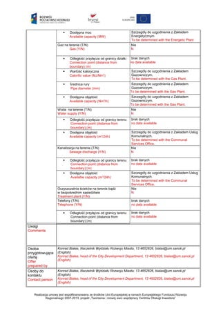  Dostępna moc
Available capacity [MW]
Szczegóły do uzgodnienia z Zakładem
Energetycznym
To be determined with the Energetic Plant
Gaz na terenie (T/N)
Gas (Y/N)
Nie
N
 Odległość przyłącza od granicy działki
Connection point (distance from
boundary) [m]
brak danych
no data available
 Wartość kaloryczna
Calorific value [MJ/Nm3
]
Szczegóły do uzgodnienia z Zakładem
Gazowniczym.
To be determined with the Gas Plant.
 Średnica rury
Pipe diameter [mm]
Szczegóły do uzgodnienia z Zakładem
Gazowniczym.
To be determined with the Gas Plant.
 Dostępna objętość
Available capacity [Nm3
/h]
Szczegóły do uzgodnienia z Zakładem
Gazowniczym.
To be determined with the Gas Plant.
Woda na terenie (T/N)
Water supply (Y/N)
Nie
N
 Odległość przyłącza od granicy terenu
Connection point (distance from
boundary) [m]
brak danych
no data available
 Dostępna objętość
Available capacity [m3
/24h]
Szczegóły do uzgodnienia z Zakładem Usług
Komunalnych.
To be determined with the Communal
Services Office.
Kanalizacja na terenie (T/N)
Sewage discharge (Y/N)
Nie
N
 Odległość przyłącza od granicy terenu
Connection point (distance from
boundary) [m]
brak danych
no data available
 Dostępna objętość
Available capacity [m3
/24h]
Szczegóły do uzgodnienia z Zakładem Usług
Komunalnych.
To be determined with the Communal
Services Office.
Oczyszczalnia ścieków na terenie bądź
w bezpośrednim sąsiedztwie
Treatment plant (Y/N)
Nie
N
Telefony (T/N)
Telephone (Y/N)
brak danych
no data available
 Odległość przyłącza od granicy terenu
Connection point (distance from
boundary) [m]
brak danych
no data available
Uwagi
Comments
Osoba
przygotowująca
ofertę
Offer
prepared by
Konrad Białas, Naczelnik Wydziału Rozwoju Miasta, 13 4652826, bialas@um.sanok.pl
(English)
Konrad Białas, head of the City Development Department, 13 4652826, bialas@um.sanok.pl
(English)
Osoby do
kontaktu
Contact person
Konrad Białas, Naczelnik Wydziału Rozwoju Miasta, 13 4652826, bialas@um.sanok.pl
(English)
Konrad Białas, head of the City Development Department, 13 4652826, bialas@um.sanok.pl
(English)
Realizacja umowy jest współfinansowana ze środków Unii Europejskiej w ramach Europejskiego Funduszu Rozwoju
Regionalnego 2007-2013, projekt „Tworzenie i rozwój sieci współpracy Centrów Obsługi Inwestora”
 