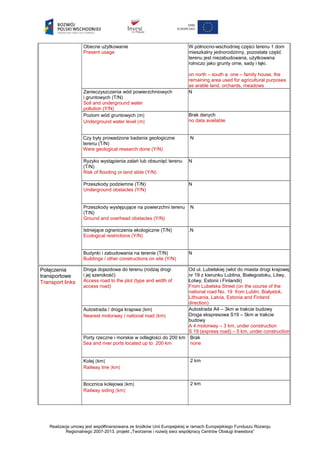 Obecne użytkowanie
Present usage
W północno-wschodniej części terenu 1 dom
mieszkalny jednorodzinny, pozostała część
terenu jest niezabudowana, użytkowana
rolniczo jako grunty orne, sady i łąki.
on north – south a one – family house, the
remaining area used for agricultural purposes
as arable land, orchards, meadows
Zanieczyszczenia wód powierzchniowych
i gruntowych (T/N)
Soil and underground water
pollution (Y/N)
N
Poziom wód gruntowych [m]
Underground water level [m]
Brak danych
no data available
Czy były prowadzone badania geologiczne
terenu (T/N)
Were geological research done (Y/N)
N
Ryzyko wystąpienia zalań lub obsunięć terenu
(T/N)
Risk of flooding or land slide (Y/N)
N
Przeszkody podziemne (T/N)
Underground obstacles (Y/N)
N
Przeszkody występujące na powierzchni terenu
(T/N)
Ground and overhead obstacles (Y/N)
N
Istniejące ograniczenia ekologiczne (T/N)
Ecological restrictions (Y/N)
.N
Budynki i zabudowania na terenie (T/N)
Buildings / other constructions on site (Y/N)
N
Połączenia
transportowe
Transport links
Droga dojazdowa do terenu (rodzaj drogi
i jej szerokość)
Access road to the plot (type and width of
access road)
Od ul. Lubelskiej (wlot do miasta drogi krajowej
nr 19 z kierunku Lublina, Białegostoku, Litwy,
Łotwy, Estonii i Finlandii)
From Lubelska Street (on the course of the
national road No. 19 from Lublin, Białystok,
Lithuania, Latvia, Estonia and Finland
direction)
Autostrada / droga krajowa [km]
Nearest motorway / national road [km]
Autostrada A4 – 3km w trakcie budowy
Droga ekspresowa S19 – 5km w trakcie
budowy
A 4 motorway – 3 km, under construction
S 19 (express road) – 5 km, under construction
Porty rzeczne i morskie w odległości do 200 km
Sea and river ports located up to 200 km
Brak
none
Kolej [km]
Railway line [km]
2 km
Bocznica kolejowa [km]
Railway siding [km]
2 km
Realizacja umowy jest współfinansowana ze środków Unii Europejskiej w ramach Europejskiego Funduszu Rozwoju
Regionalnego 2007-2013, projekt „Tworzenie i rozwój sieci współpracy Centrów Obsługi Inwestora”
 
