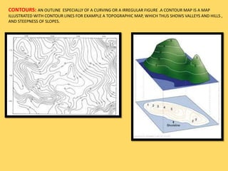 CONTOURS: AN OUTLINE ESPECIALLY OF A CURVING OR A IRREGULAR FIGURE .A CONTOUR MAP IS A MAP
ILLUSTRATED WITH CONTOUR LINES FOR EXAMPLE A TOPOGRAPHIC MAP, WHICH THUS SHOWS VALLEYS AND HILLS ,
AND STEEPNESS OF SLOPES.
 