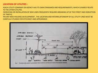 LOCATION OF UTILITIES :
EACH UTILITY COMPANY OR AGENCY HAS ITS OWN STANDARDS AND REQUIRENMENTS, WHICH IS RARELY RELATE
TO THE OTHER UTILITES .
SERVICING OR INSTALLATION OF NEW LINES FREQUENTLY REQUIRES BREAKING UP OF THE STREET AND DISRUPTION
OF TRAFFIC .
IN ANY NEW HOUSING DEVELOPMEMT , THE LOCATION AND INTERRELATIONSHIP OF ALL UTILITY LINES MUST BE
CAREFULLY STUIDED FOR EFFICIENCY AND APPEARANCE .
 