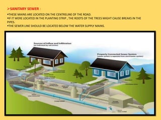 SANITARY SEWER :
THESE MAINS ARE LOCATED ON THE CENTRELINE OF THE ROAD.
IF IT WERE LOCATED IN THE PLANTING STRIP , THE ROOTS OF THE TREES MIGHT CAUSE BREAKS IN THE
PIPES.
THE SEWER LINE SHOULD BE LOCATED BELOW THE WATER SUPPLY MAINS.
 