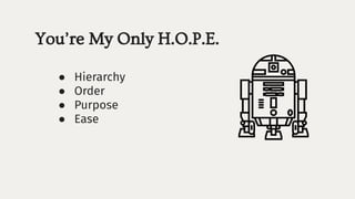 You’re My Only H.O.P.E.
● Hierarchy
● Order
● Purpose
● Ease
 