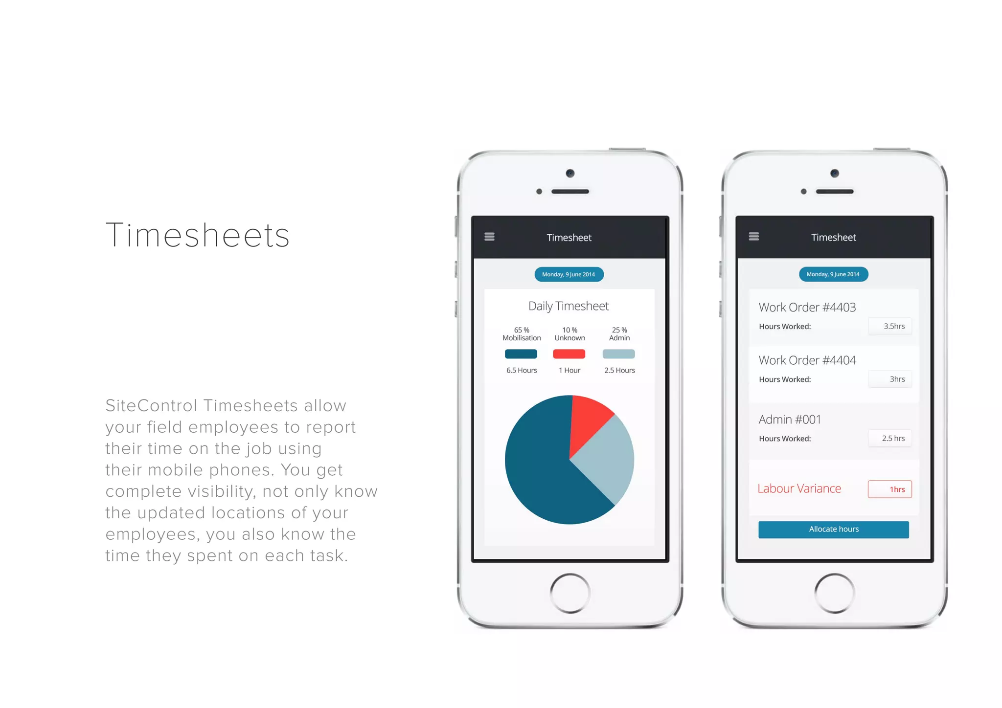 Timesheets 
SiteControl Timesheets allow 
your field employees to report 
their time on the job using 
their mobile phones. You get 
complete visibility, not only know 
the updated locations of your 
employees, you also know the 
time they spent on each task. 
 