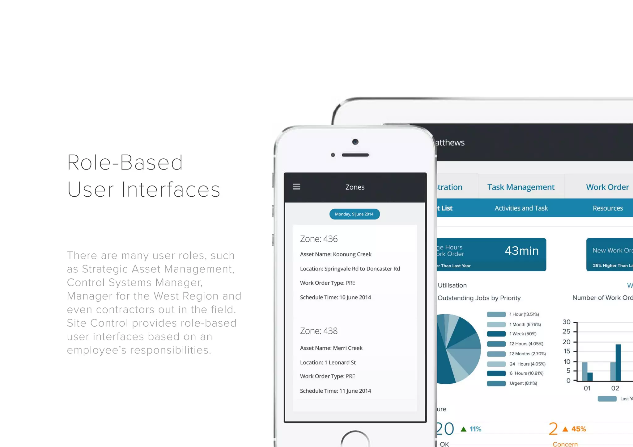 Role-Based 
User Interfaces 
There are many user roles, such 
as Strategic Asset Management, 
Control Systems Manager, 
Manager for the West Region and 
even contractors out in the field. 
Site Control provides role-based 
user interfaces based on an 
employee’s responsibilities. 
 