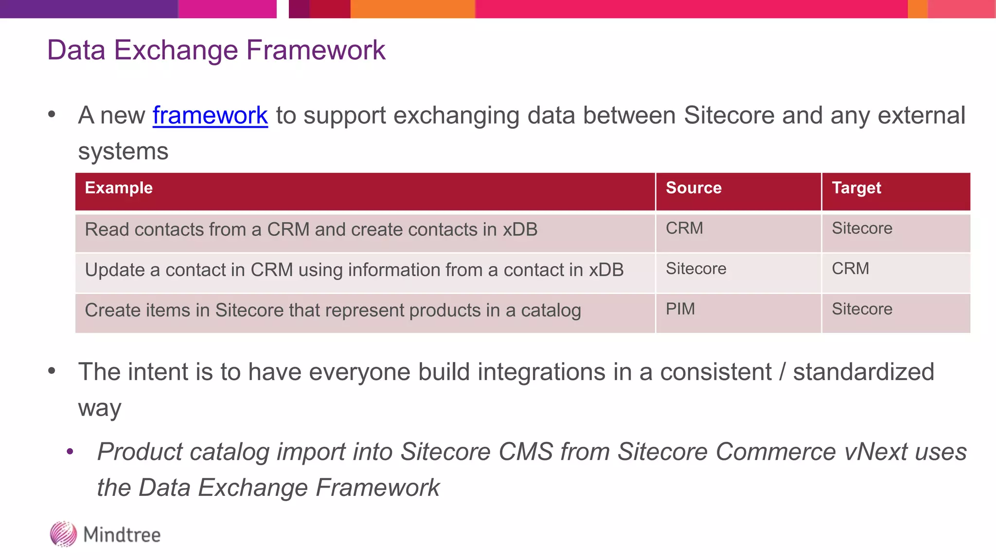 Data Exchange Framework
• A new framework to support exchanging data between Sitecore and any external
systems
• The intent is to have everyone build integrations in a consistent / standardized
way
• Product catalog import into Sitecore CMS from Sitecore Commerce vNext uses
the Data Exchange Framework
Example Source Target
Read contacts from a CRM and create contacts in xDB CRM Sitecore
Update a contact in CRM using information from a contact in xDB Sitecore CRM
Create items in Sitecore that represent products in a catalog PIM Sitecore
 
