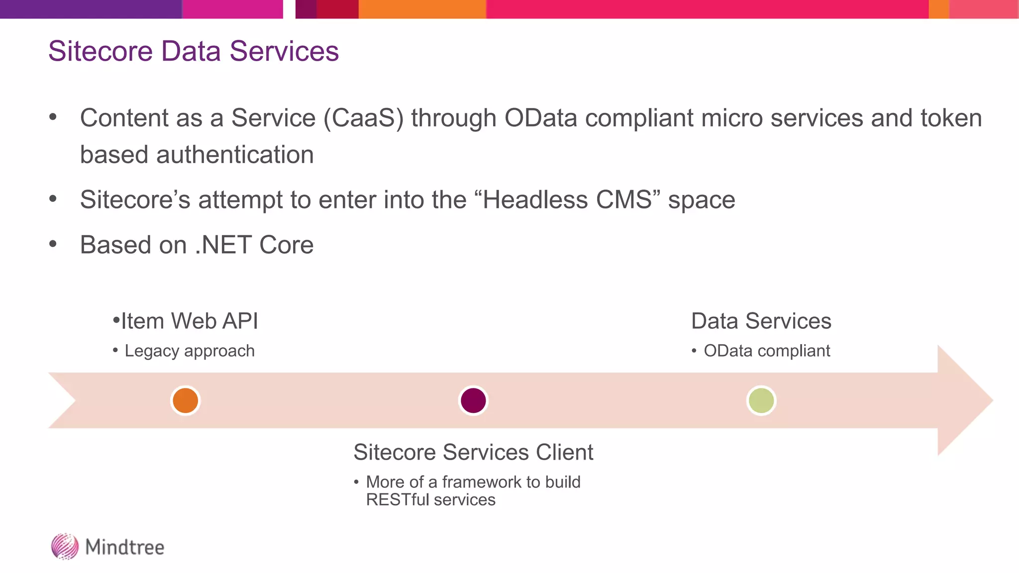 Sitecore Data Services
• Content as a Service (CaaS) through OData compliant micro services and token
based authentication
• Sitecore’s attempt to enter into the “Headless CMS” space
• Based on .NET Core
•Item Web API
• Legacy approach
Sitecore Services Client
• More of a framework to build
RESTful services
Data Services
• OData compliant
 
