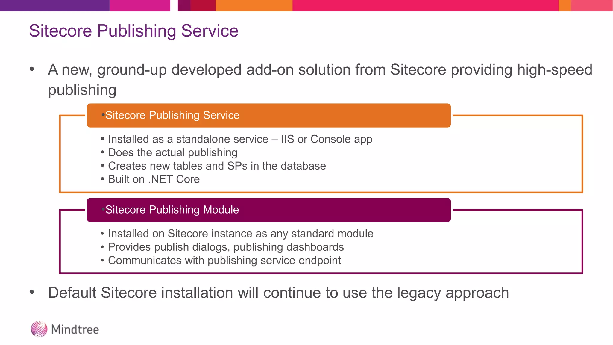 Sitecore Publishing Service
• A new, ground-up developed add-on solution from Sitecore providing high-speed
publishing
• Default Sitecore installation will continue to use the legacy approach
• Installed as a standalone service – IIS or Console app
• Does the actual publishing
• Creates new tables and SPs in the database
• Built on .NET Core
•Sitecore Publishing Service
• Installed on Sitecore instance as any standard module
• Provides publish dialogs, publishing dashboards
• Communicates with publishing service endpoint
•Sitecore Publishing Module
 