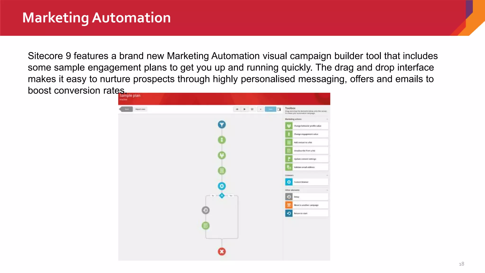 18
Marketing Automation
Sitecore 9 features a brand new Marketing Automation visual campaign builder tool that includes
some sample engagement plans to get you up and running quickly. The drag and drop interface
makes it easy to nurture prospects through highly personalised messaging, offers and emails to
boost conversion rates.
 
