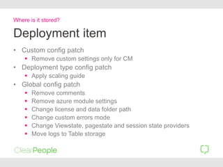 Deployment item
• Custom config patch
 Remove custom settings only for CM
• Deployment type config patch
 Apply scaling guide
• Global config patch
 Remove comments
 Remove azure module settings
 Change license and data folder path
 Change custom errors mode
 Change Viewstate, pagestate and session state providers
 Move logs to Table storage
Where is it stored?
 