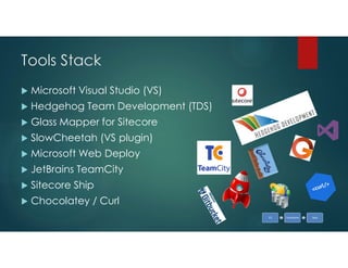 Tools Stack
 Microsoft Visual Studio (VS)
 Hedgehog Team Development (TDS)
 Glass Mapper for Sitecore
 SlowCheetah (VS...