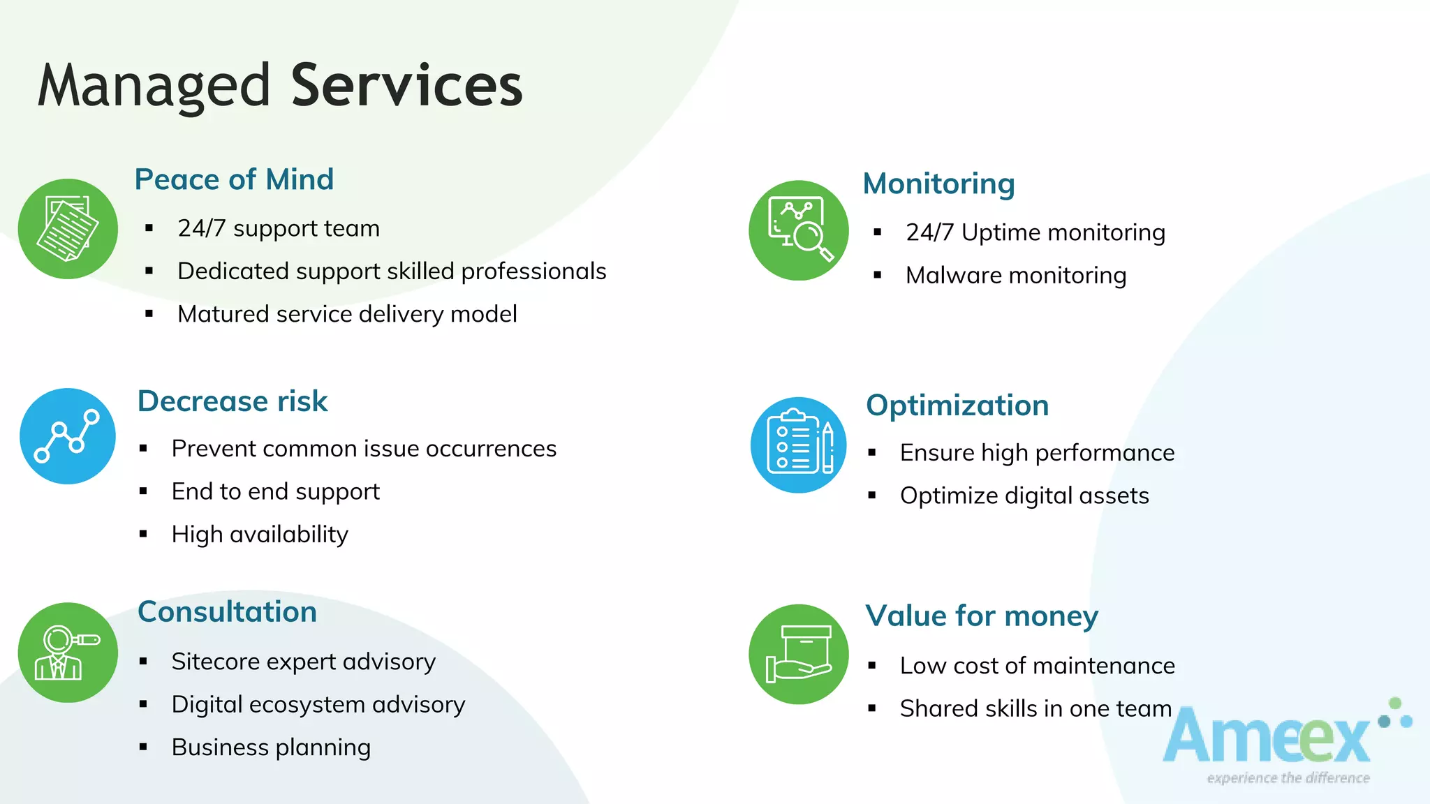  24/7 support team
 Dedicated support skilled professionals
 Matured service delivery model
Peace of Mind
 Prevent common issue occurrences
 End to end support
 High availability
Decrease risk
Managed Services
 Sitecore expert advisory
 Digital ecosystem advisory
 Business planning
Consultation
 24/7 Uptime monitoring
 Malware monitoring
Monitoring
 Ensure high performance
 Optimize digital assets
Optimization
 Low cost of maintenance
 Shared skills in one team
Value for money
 