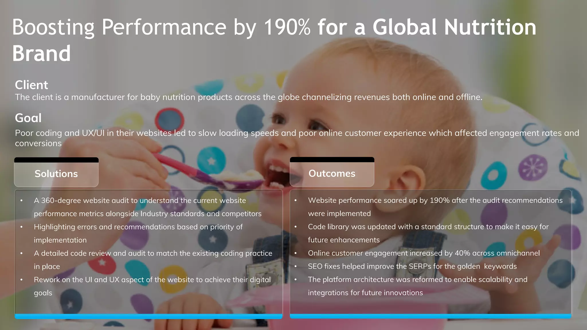 Boosting Performance by 190% for a Global Nutrition
Brand
Outcomes
Client
Goal
Solutions
• A 360-degree website audit to understand the current website
performance metrics alongside Industry standards and competitors
• Highlighting errors and recommendations based on priority of
implementation
• A detailed code review and audit to match the existing coding practice
in place
• Rework on the UI and UX aspect of the website to achieve their digital
goals
The client is a manufacturer for baby nutrition products across the globe channelizing revenues both online and offline.
Poor coding and UX/UI in their websites led to slow loading speeds and poor online customer experience which affected engagement rates and
conversions
• Website performance soared up by 190% after the audit recommendations
were implemented
• Code library was updated with a standard structure to make it easy for
future enhancements
• Online customer engagement increased by 40% across omnichannel
• SEO fixes helped improve the SERPs for the golden keywords
• The platform architecture was reformed to enable scalability and
integrations for future innovations
 