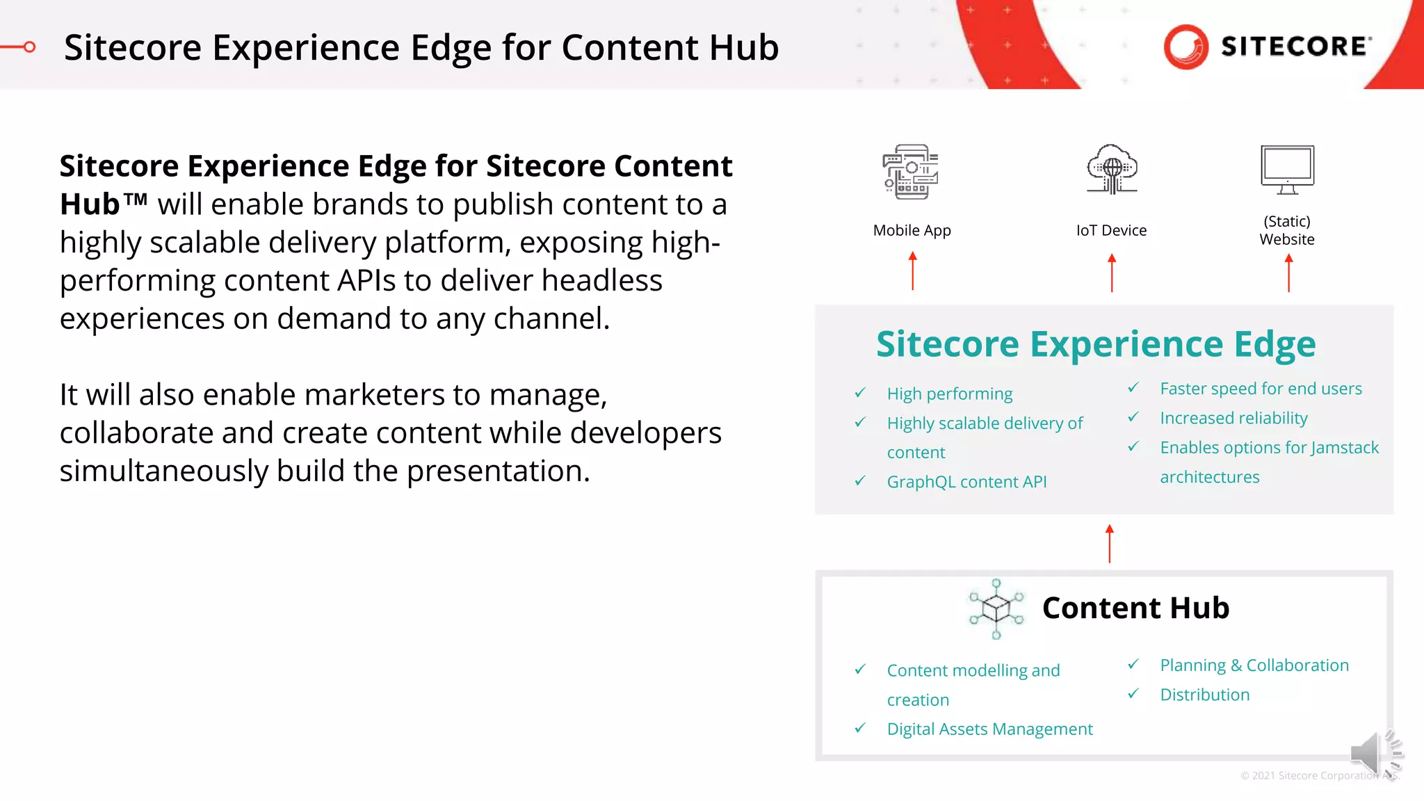 © 2021 Sitecore Corporation A/S.
Sitecore Experience Edge for Content Hub
Sitecore Experience Edge for Sitecore Content
Hub™ will enable brands to publish content to a
highly scalable delivery platform, exposing high-
performing content APIs to deliver headless
experiences on demand to any channel.
It will also enable marketers to manage,
collaborate and create content while developers
simultaneously build the presentation.
Sitecore Experience Edge
Mobile App IoT Device
(Static)
Website
Content Hub
 High performing
 Highly scalable delivery of
content
 GraphQL content API
 Faster speed for end users
 Increased reliability
 Enables options for Jamstack
architectures
 Content modelling and
creation
 Digital Assets Management
 Planning & Collaboration
 Distribution
 