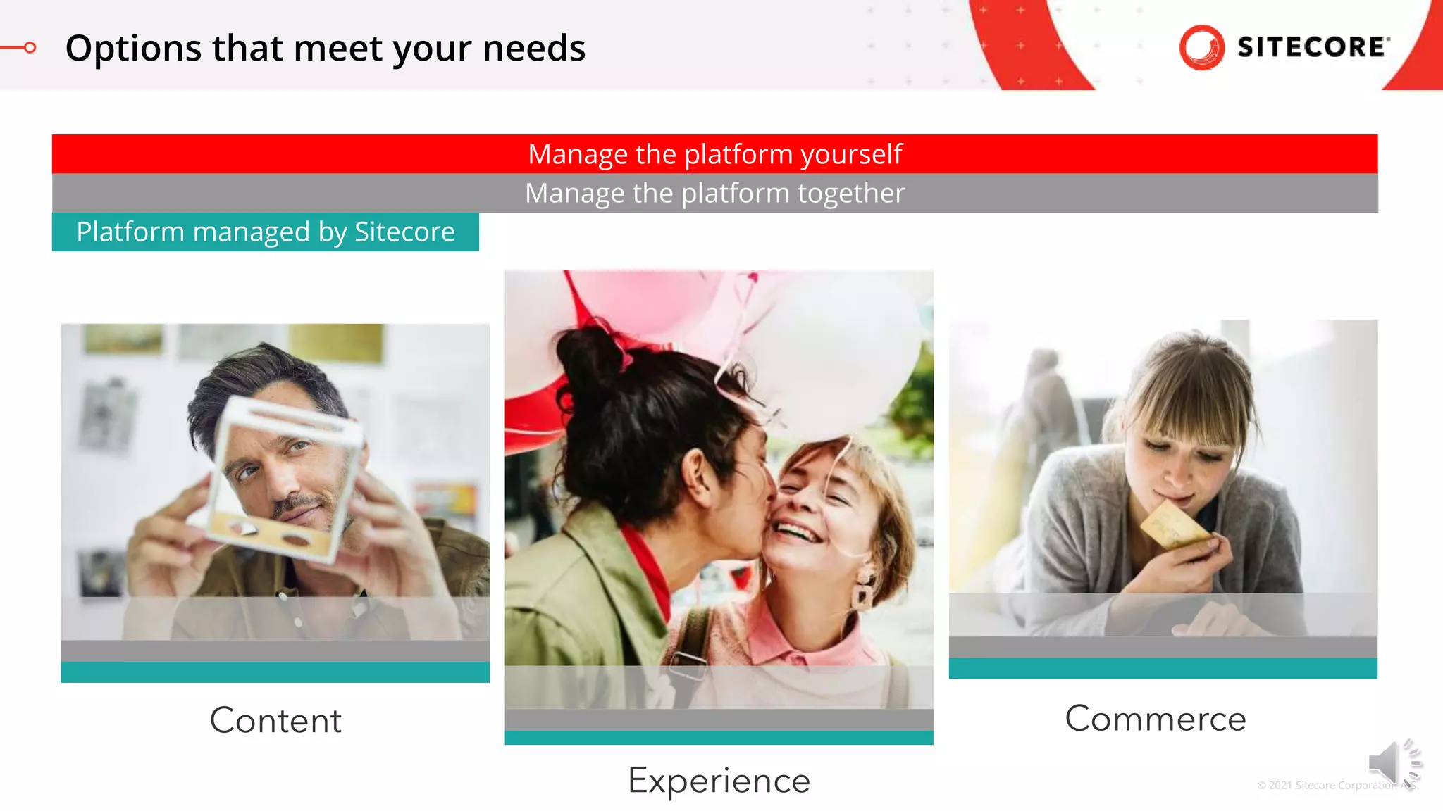 © 2021 Sitecore Corporation A/S.
Options that meet your needs
Manage the platform yourself
Manage the platform together
Platform managed by Sitecore
Experience
Content Commerce
 