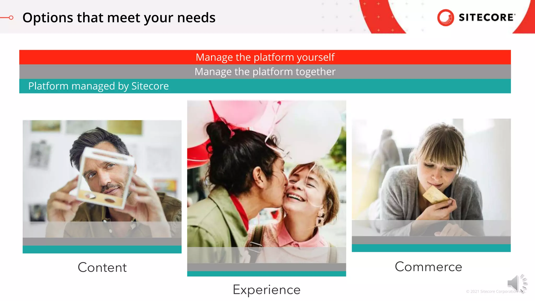 © 2021 Sitecore Corporation A/S.
Options that meet your needs
Experience
Content Commerce
Manage the platform yourself
Manage the platform together
Platform managed by Sitecore
 