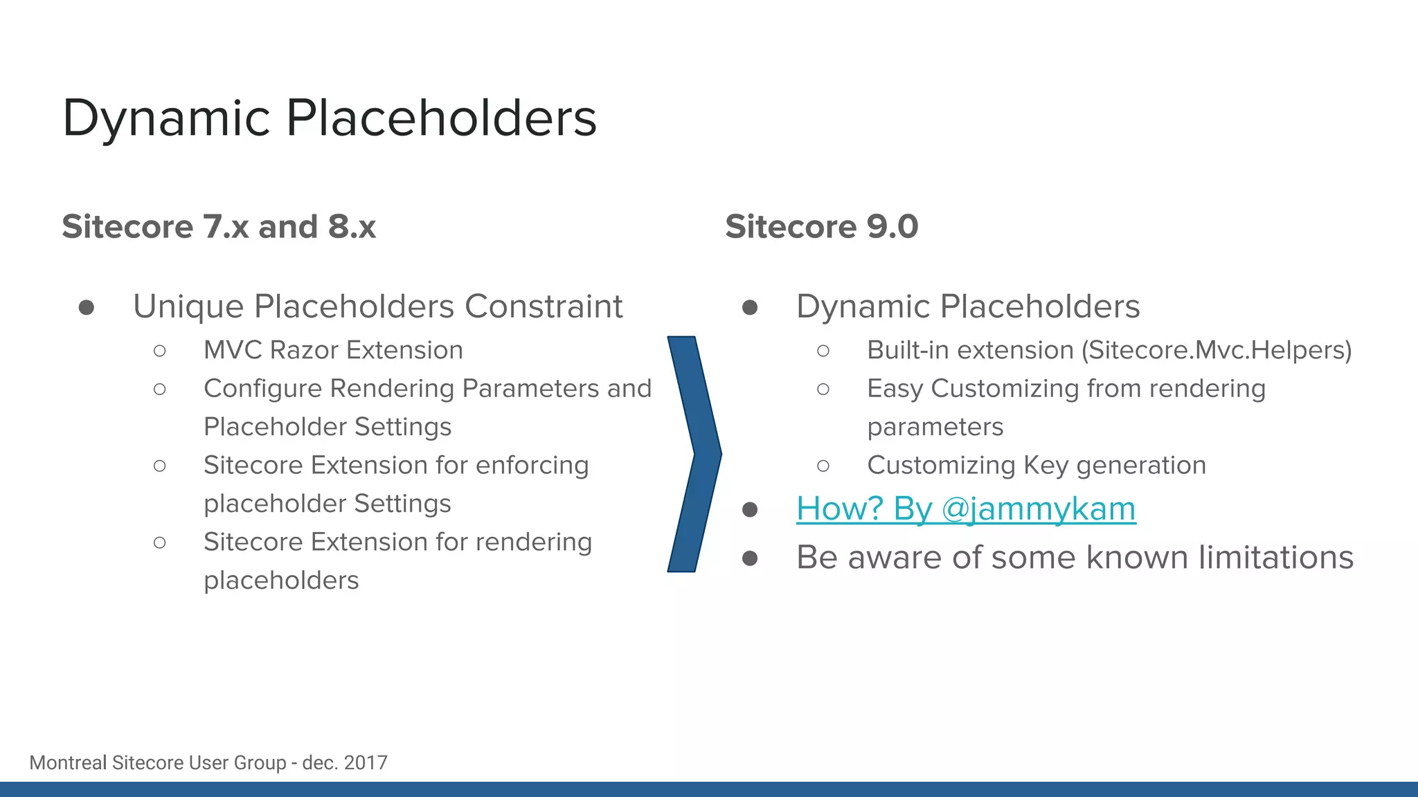 Montreal Sitecore User Group - dec. 2017
Dynamic Placeholders
Sitecore 7.x and 8.x
● Unique Placeholders Constraint
○ MVC Razor Extension
○ Configure Rendering Parameters and
Placeholder Settings
○ Sitecore Extension for enforcing
placeholder Settings
○ Sitecore Extension for rendering
placeholders
Sitecore 9.0
● Dynamic Placeholders
○ Built-in extension (Sitecore.Mvc.Helpers)
○ Easy Customizing from rendering
parameters
○ Customizing Key generation
● How? By @jammykam
● Be aware of some known limitations
 
