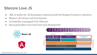 Montreal Sitecore User Group - dec. 2017
Sitecore Love JS
● JSS: A toolkit for JS Developers allowing build full-fledged Customer solutions.
● Modern JS Library and Frameworks
● Completely unplugged from Sitecore
● Decoupled Back-end and Front-end deployment
 
