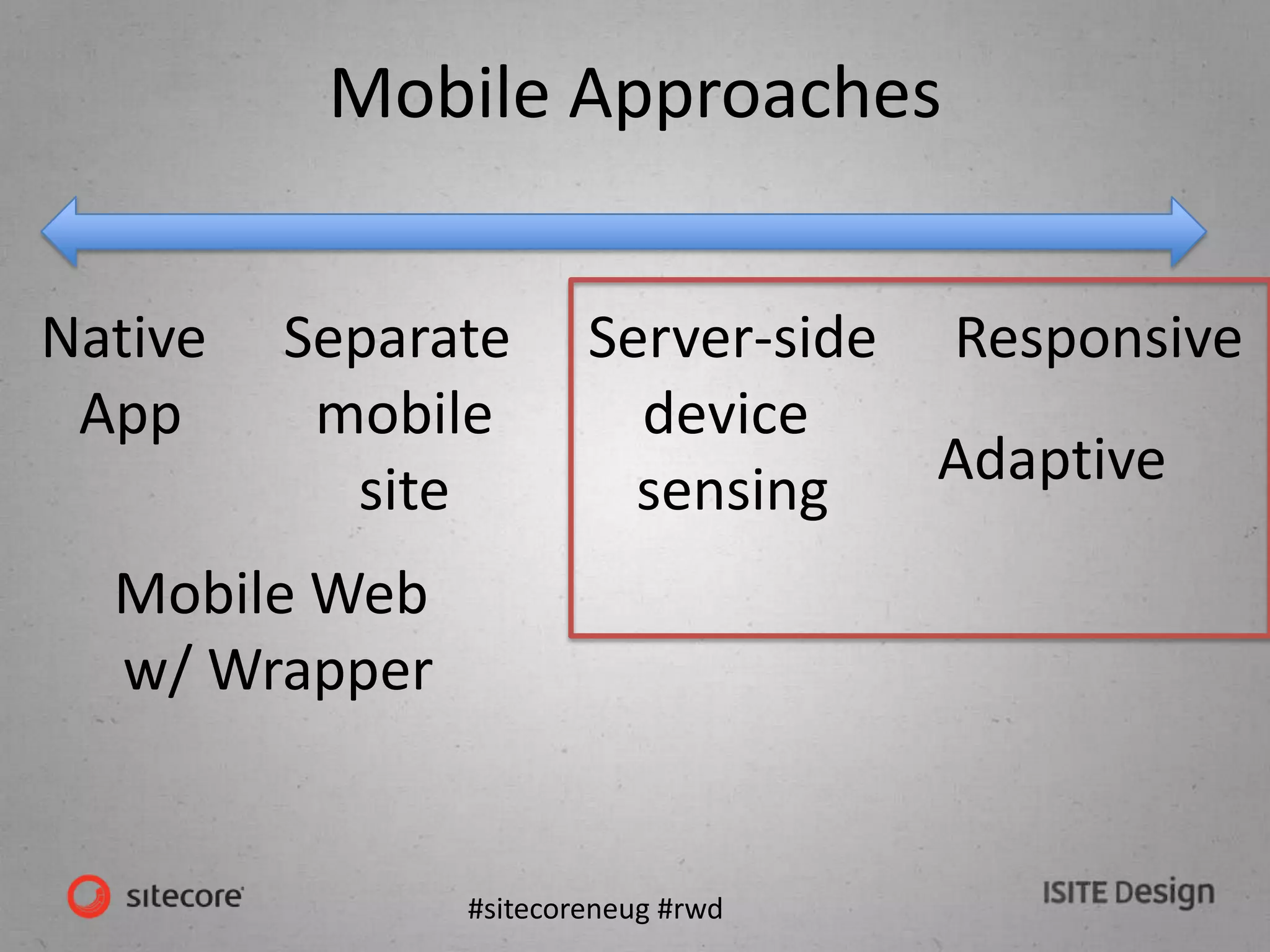 #sitecoreneug #rwd
Mobile Approaches
Native
App
Mobile Web
w/ Wrapper
Separate
mobile
site
Server-side
device
sensing Adaptive
Responsive
 