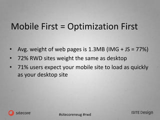 #sitecoreneug #rwd
Mobile First = Optimization First
• Avg. weight of web pages is 1.3MB (IMG + JS = 77%)
• 72% RWD sites weight the same as desktop
• 71% users expect your mobile site to load as quickly
as your desktop site
 