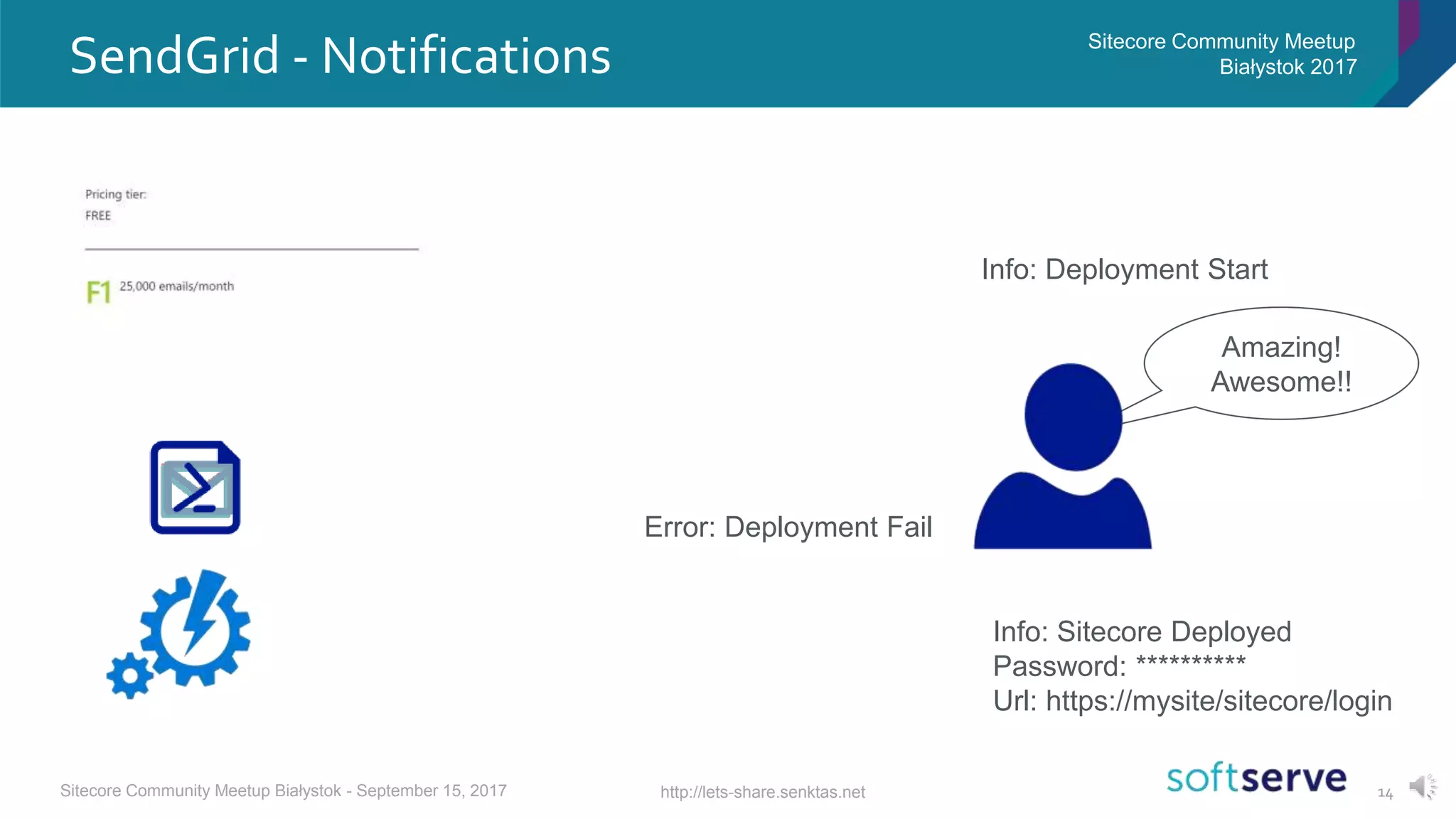 Amazing!
Awesome!!
14
SendGrid - Notifications Sitecore Community Meetup
Białystok 2017
http://lets-share.senktas.netSitecore Community Meetup Białystok - September 15, 2017
Info: Deployment Start
Error: Deployment Fail
Info: Sitecore Deployed
Password: **********
Url: https://mysite/sitecore/login
 