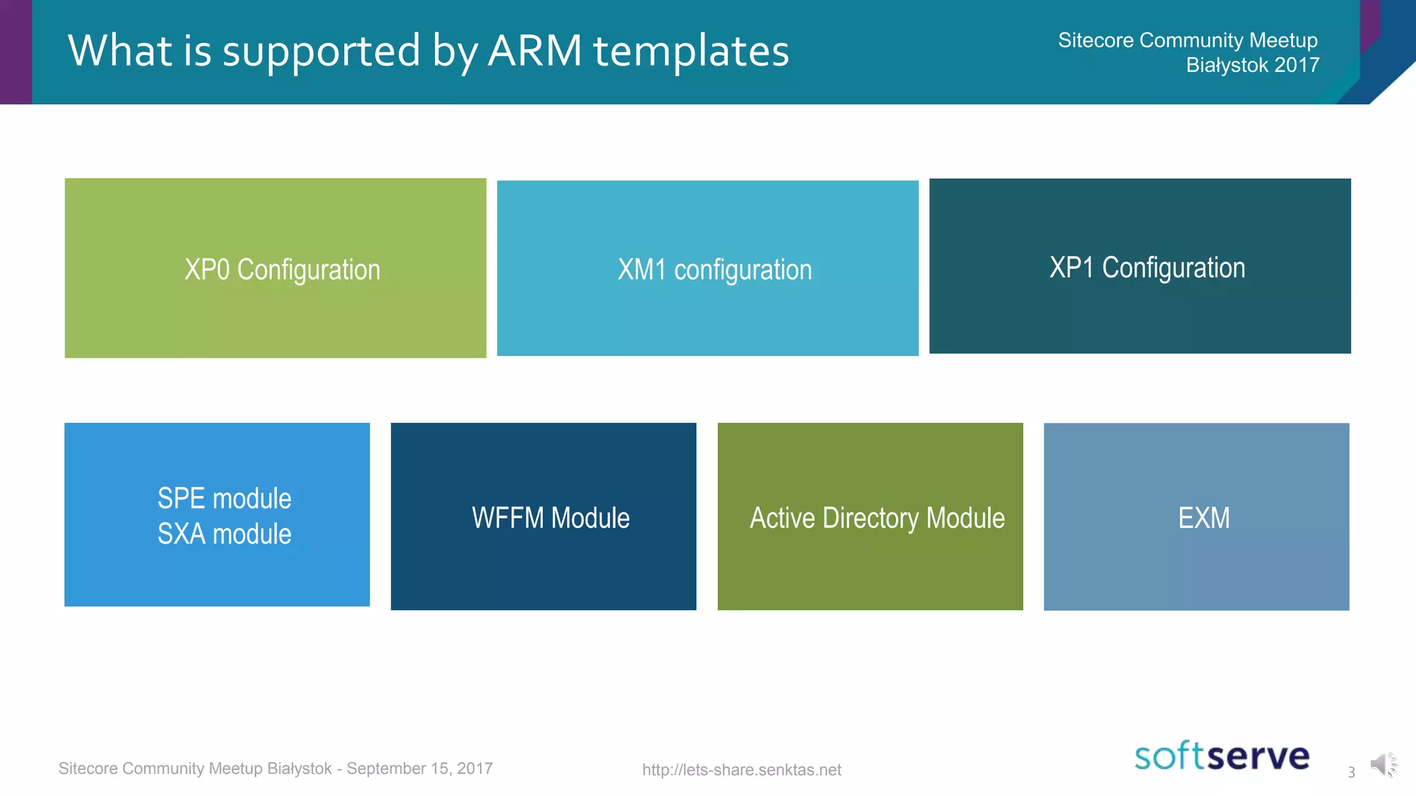 3
Connects intelligence, content and automation
So you can market in context
What is supported by ARM templates
XP1 ConfigurationXP0 Configuration XM1 configuration
SPE module
SXA module
Active Directory ModuleWFFM Module
http://lets-share.senktas.netSitecore Community Meetup Białystok - September 15, 2017
Sitecore Community Meetup
Białystok 2017
EXM
 