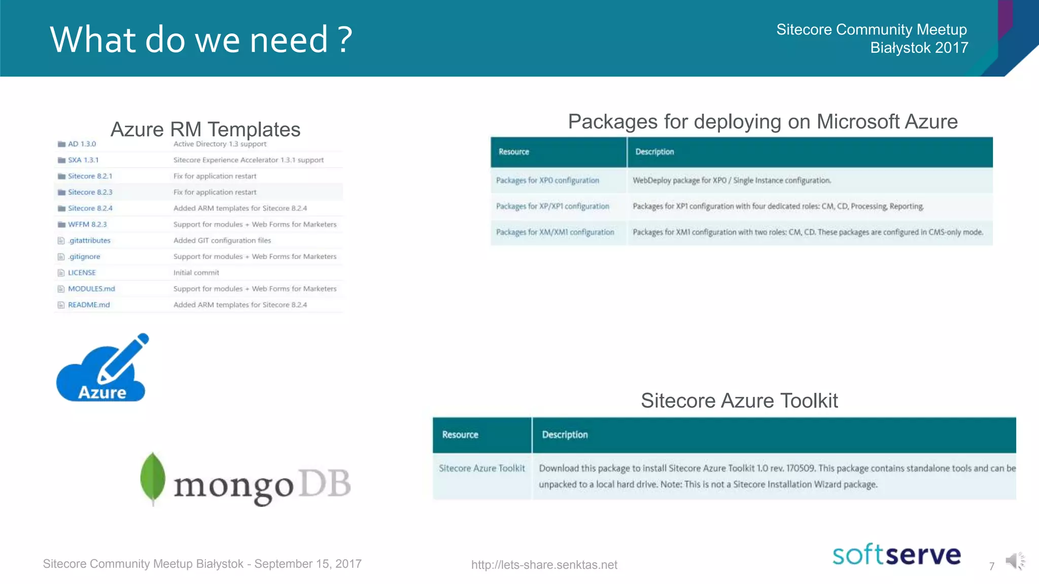 7
What do we need ? Sitecore Community Meetup
Białystok 2017
http://lets-share.senktas.netSitecore Community Meetup Białystok - September 15, 2017
Azure RM Templates Packages for deploying on Microsoft Azure
Sitecore Azure Toolkit
 