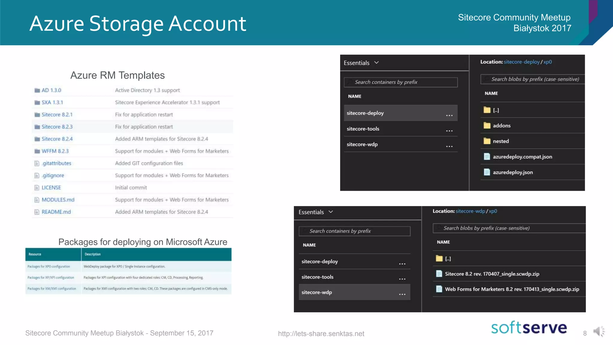 8
Azure Storage Account Sitecore Community Meetup
Białystok 2017
http://lets-share.senktas.netSitecore Community Meetup Białystok - September 15, 2017
Azure RM Templates
Packages for deploying on Microsoft Azure
 