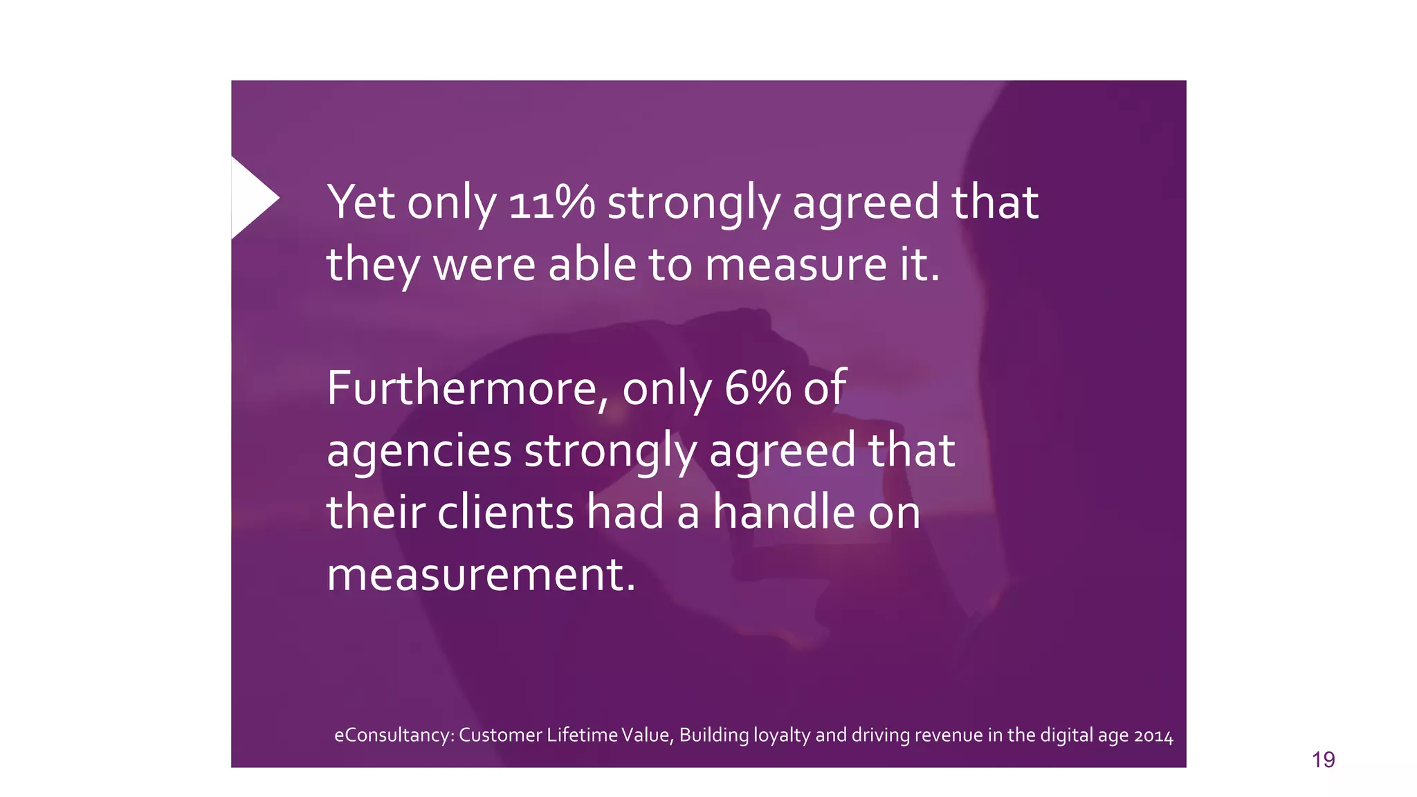 19 
Yet only 11% strongly agreed that they were able to measure it. 
Furthermore, only 6% of agencies strongly agreed that their clients had a handle on measurement. 
eConsultancy: Customer Lifetime Value, Building loyalty and driving revenue in the digital age 2014  