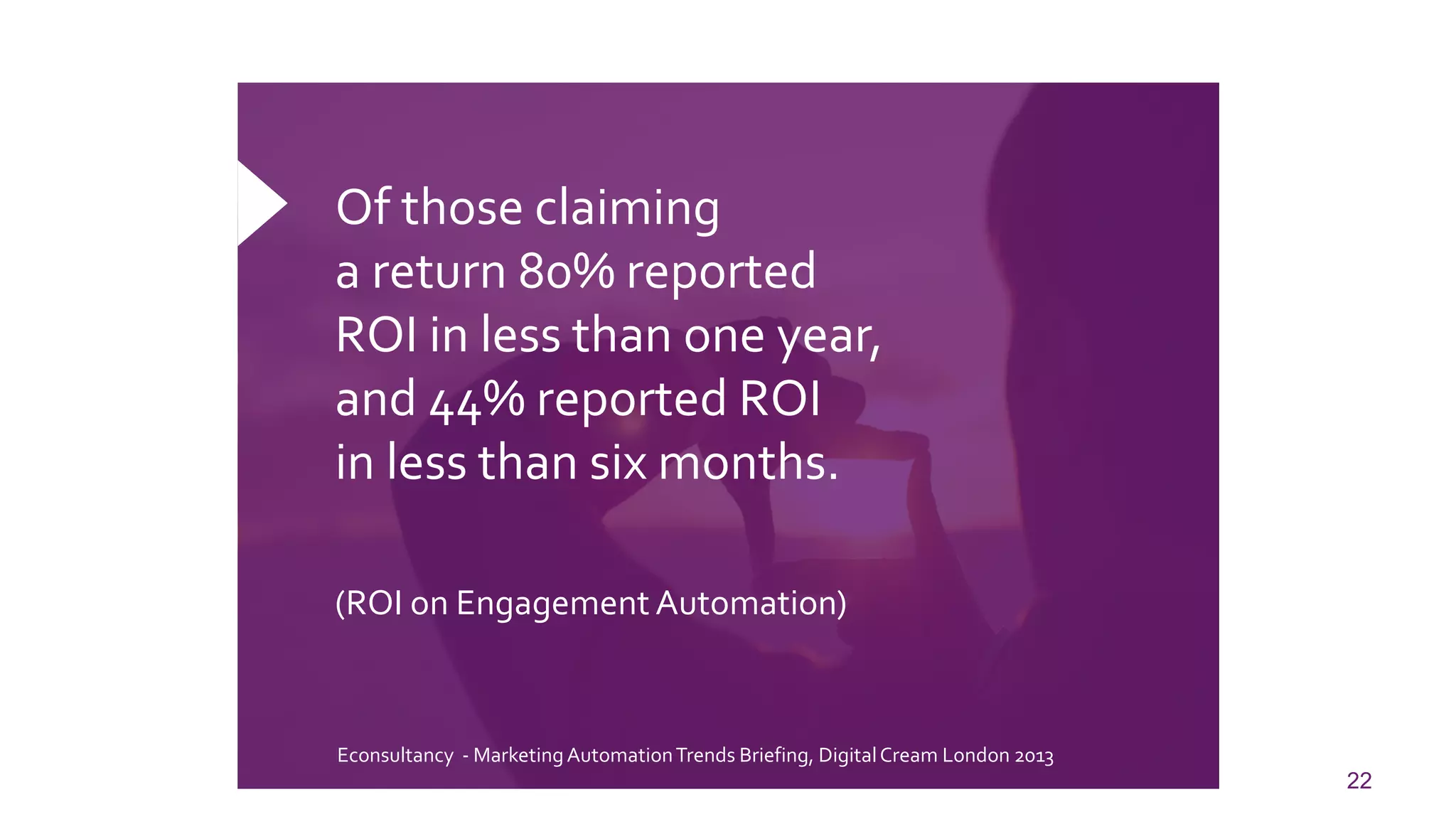 22 
Of those claiming a return 80% reported ROI in less than one year, and 44% reported ROI in less than six months. 
(ROI on Engagement Automation) 
Econsultancy-Marketing Automation Trends Briefing, Digital Cream London 2013  