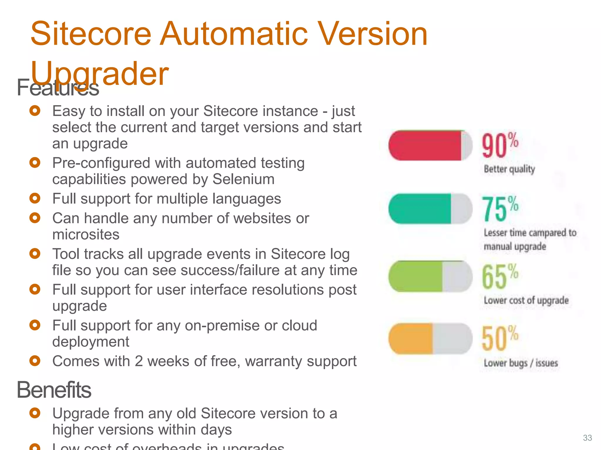 33
Features
 Easy to install on your Sitecore instance - just
select the current and target versions and start
an upgrade
 Pre-configured with automated testing
capabilities powered by Selenium
 Full support for multiple languages
 Can handle any number of websites or
microsites
 Tool tracks all upgrade events in Sitecore log
file so you can see success/failure at any time
 Full support for user interface resolutions post
upgrade
 Full support for any on-premise or cloud
deployment
 Comes with 2 weeks of free, warranty support
Benefits
 Upgrade from any old Sitecore version to a
higher versions within days
Sitecore Automatic Version
Upgrader
 