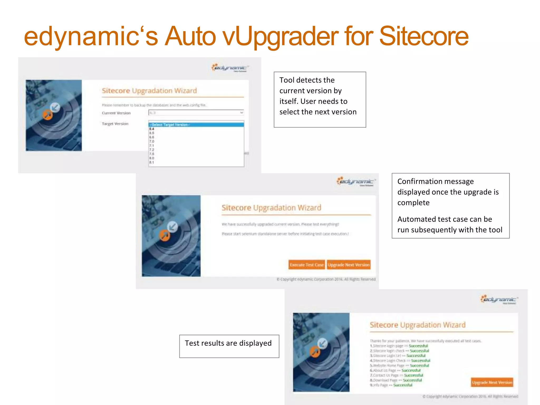 edynamic‘s Auto vUpgrader for Sitecore
Tool detects the
current version by
itself. User needs to
select the next version
Confirmation message
displayed once the upgrade is
complete
Automated test case can be
run subsequently with the tool
Test results are displayed
 
