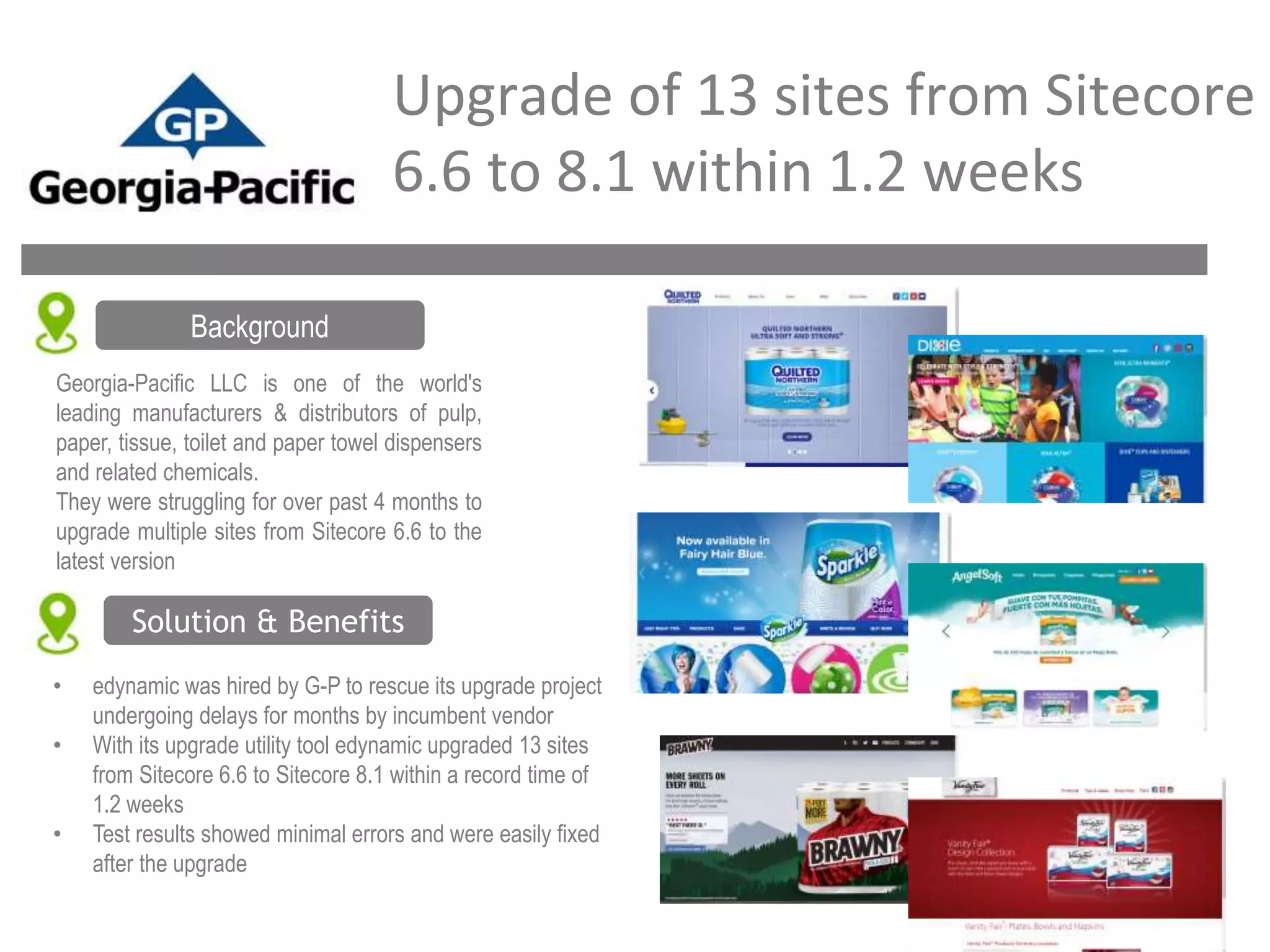 Upgrade of 13 sites from Sitecore
6.6 to 8.1 within 1.2 weeks
Georgia-Pacific LLC is one of the world's
leading manufacturers & distributors of pulp,
paper, tissue, toilet and paper towel dispensers
and related chemicals.
They were struggling for over past 4 months to
upgrade multiple sites from Sitecore 6.6 to the
latest version
Background
Solution & Benefits
• edynamic was hired by G-P to rescue its upgrade project
undergoing delays for months by incumbent vendor
• With its upgrade utility tool edynamic upgraded 13 sites
from Sitecore 6.6 to Sitecore 8.1 within a record time of
1.2 weeks
• Test results showed minimal errors and were easily fixed
after the upgrade
 