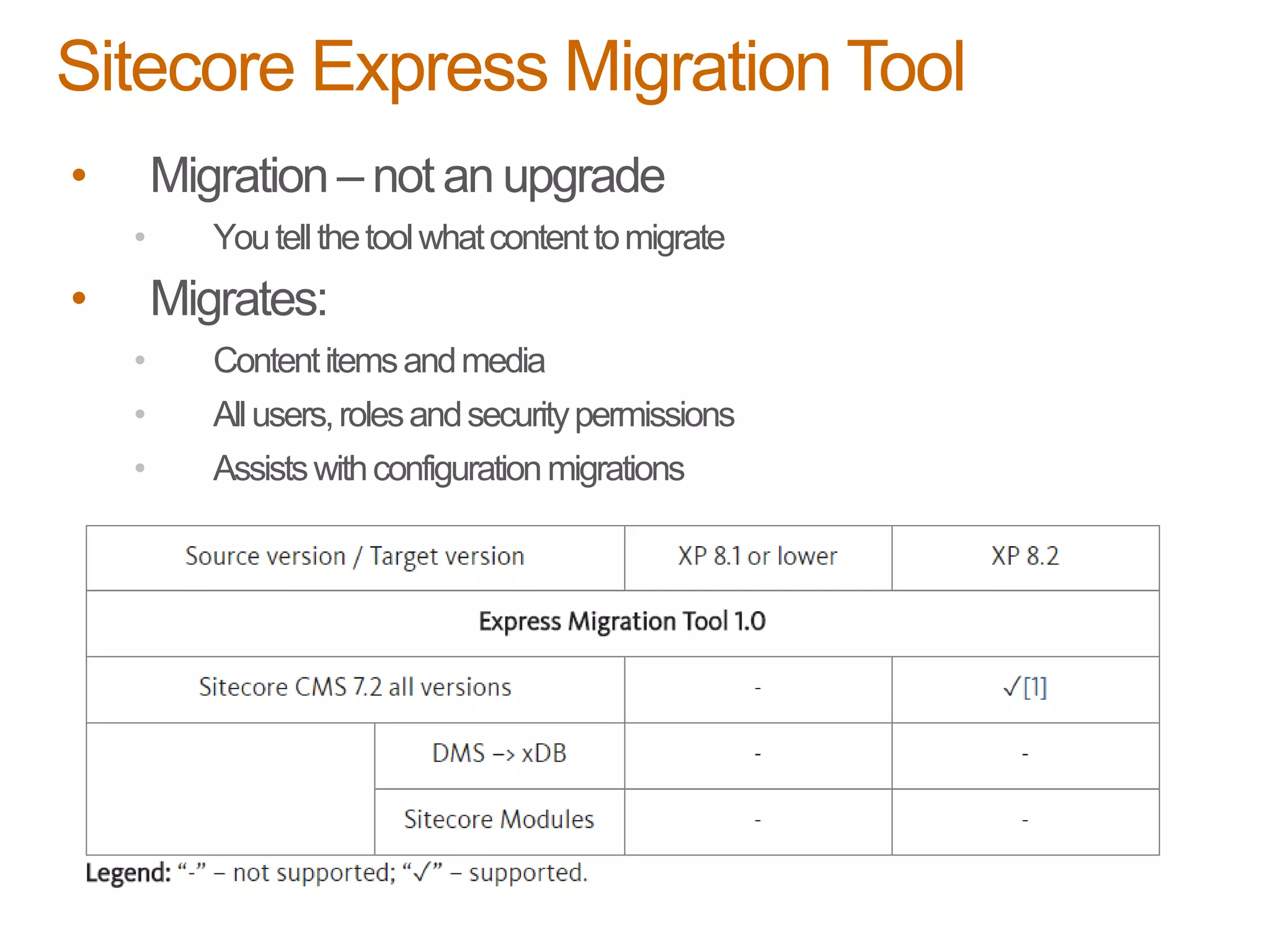 • Migration – not an upgrade
• Youtellthetoolwhatcontenttomigrate
• Migrates:
• Contentitemsandmedia
• Allusers,rolesandsecuritypermissions
• Assistswithconfigurationmigrations
Sitecore Express Migration Tool
 