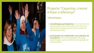 Projecto “Capacitar, crescer
e fazer a diferença”
• Metodologias:
• metodologias participativas com uma estrutura
que promove a co-construção e com recurso a
acções de formação, assim como reuniões de
acompanhamento;
• participação dos stakeholders em cada fase da
consultoria, com uma abordagem de acção-
aprendizagem, para providenciarem geração de
conhecimento.
 