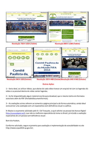 Resolução 768 X 1024 (Tablet)

Resolução 240 X 320 (Celular)

Resolução 800 X 1280 (Tablet)

Resolução 320 X 480 (Celular)Resolução 640 X 960 (Celular)
Outras Ações:

1 – Seria ideal, ao utilizar vídeos, que abaixo de cada vídeo tivesse um arquivo txt com as legendas do
vídeo e se possível dentro do vídeo conter legenda;
2 – Se for disponibilizado algum material escrito para dowload, que o mesmo tenha em formatos
acessíveis além do PDF (PortableDocumentFormat);
3 – As avaliações acima referem-se somente a página principal e de forma automática, sendo ideal
acrescentar uma avaliação com um especialista com deficiência visual e auditiva.
4–Abaixo o orçamento solicitado pelo Sr. Cid Torquato, a qual solicitei ao pessoal do Acesso Digital
(http://acessodigital.net/), que são os melhores especialista do tema no Brasil, já incluído a avaliação
especialista de um pessoa com deficiência visual:
Bom dia Hudson,
Conforme solicitado, segue orçamento para avaliação e implementação de acessibilidade no site
http://www.copa2014.sp.gov.br/.

 