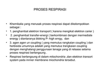 PROSES RESPIRASI
• Khemikalia yang merusak proses respirasi dapat dikelompokkan
sebagai :
• 1. penghambat elektron transport ( karena mengikat elektron carier )
• 2. penghambat transfer-energi ( berkombinasi dengan inermediate
energy ) diantaranya bloking P- high enrgy, dan
• 3. agen agen un coupling ( yang memutus rangkaian coupling ) dan
herbisida umumnya adalah yang memutus trangkaian coupling
dengan menghalangi penggunaan tenaga yang di relaase selama
proses respirasi berlangsung .
• Respirasi berlangsung di dalam mitochondria ,dan elektron transort
system pada innner membrane miochondria tersebut.
 