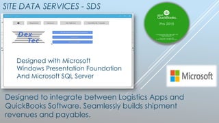 SITE DATA SERVICES - SDS
Designed to integrate between Logistics Apps and
QuickBooks Software. Seamlessly builds shipment
revenues and payables.
Designed with Microsoft
Windows Presentation Foundation
And Microsoft SQL Server
 