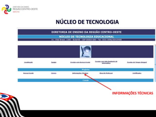 NÚCLEO DE TECNOLOGIA




        SECRETARIA DA EDUCAÇÃO
   Coordenadoria de Gestão da Educação Básica



                                          INFORMAÇÕES TÉCNICAS
 