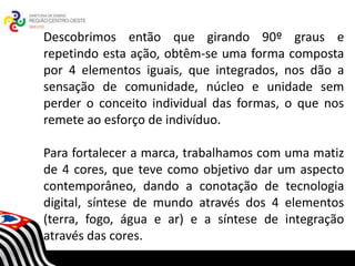 Descobrimos então que girando 90º graus e
repetindo esta ação, obtêm-se uma forma composta
por 4 elementos iguais, que integrados, nos dão a
sensação de comunidade, núcleo e unidade sem
perder o conceito individual das formas, o que nos
remete ao esforço de indivíduo.

Para fortalecer a marca, trabalhamos com uma matiz
de 4 cores, que teve como objetivo dar um aspecto
contemporâneo, dando a conotação de tecnologia
                      SECRETARIA DA EDUCAÇÃO
                 Coordenadoria de Gestão da Educação Básica


digital, síntese de mundo através dos 4 elementos
(terra, fogo, água e ar) e a síntese de integração
através das cores.
 