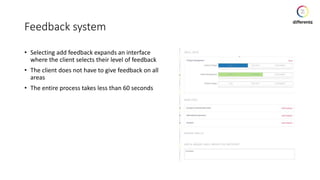 Feedback system
• Selecting add feedback expands an interface
where the client selects their level of feedback
• The client does not have to give feedback on all
areas
• The entire process takes less than 60 seconds
 