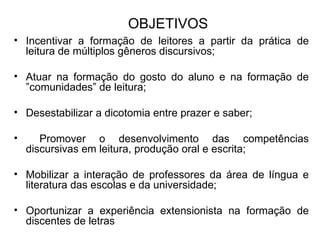 OBJETIVOS Incentivar a formação de leitores a partir da prática de leitura de múltiplos gêneros discursivos; Atuar na formação do gosto do aluno e na formação de ”comunidades” de leitura; Desestabilizar a dicotomia entre prazer e saber; Promover o desenvolvimento das competências discursivas em leitura, produção oral e escrita;  Mobilizar a interação de professores da área de língua e literatura das escolas e da universidade; Oportunizar a experiência extensionista na formação de discentes de letras 
