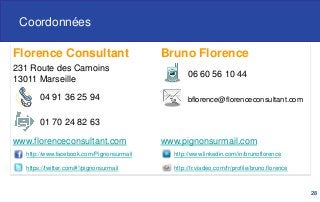 Coordonnées
28
Florence Consultant Bruno Florence
231 Route des Camoins
13011 Marseille 06 60 56 10 44
04 91 36 25 94 bflorence@florenceconsultant.com
01 70 24 82 63
www.florenceconsultant.com www.pignonsurmail.com
http://www.facebook.com/Pignonsurmail http://www.linkedin.com/in/brunoflorence
https://twitter.com/#!/pignonsurmail http://fr.viadeo.com/fr/profile/bruno.florence
 