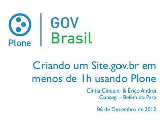 Criando um Site.gov.br em
menos de 1h usando Plone
          Cintia Cinquini & Érico Andrei
                Consegi - Belém do Pará

              06 de Dezembro de 2012
 