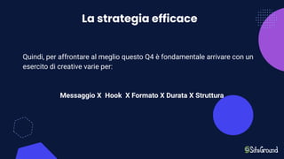 La strategia efficace
Quindi, per affrontare al meglio questo Q4 è fondamentale arrivare con un
esercito di creative varie per:
Messaggio X Hook X Formato X Durata X Struttura
 