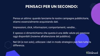 PENSACI PER UN SECONDO:
Pensa un attimo: quando lanciamo le nostre campagne pubblicitarie,
stiamo essenzialmente acquistando dati.
Impressioni, click, informazioni, comportamenti, vendite…
E spesso ci dimentichiamo che questa è una delle valute più preziose
oggi disponibili (insieme all'attenzione del pubblico).
Nel Q4 (e non solo), utilizzare i dati in modo strategico può fare tutta la
differenza.
 
