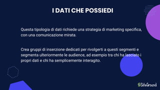 I DATI CHE POSSIEDI
Questa tipologia di dati richiede una strategia di marketing speciﬁca,
con una comunicazione mirata.
Crea gruppi di inserzione dedicati per rivolgerti a questi segmenti e
segmenta ulteriormente le audience, ad esempio tra chi ha lasciato i
propri dati e chi ha semplicemente interagito.
 