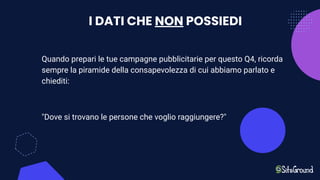 I DATI CHE NON POSSIEDI
Quando prepari le tue campagne pubblicitarie per questo Q4, ricorda
sempre la piramide della consapevolezza di cui abbiamo parlato e
chiediti:
"Dove si trovano le persone che voglio raggiungere?"
 